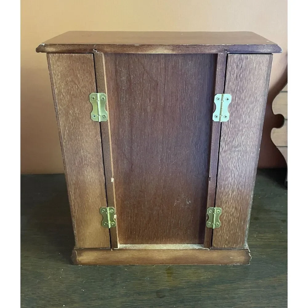 Vintage Wooden Jewelry Armoire Floral Glass Mirror Necklace Carousel Drawers